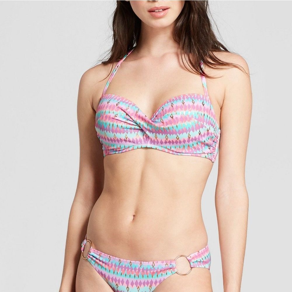 Shade And Shore Front Twist Halter Bikini Top And Bottoms Purple Pink Teal 36B L